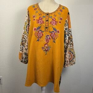 Caleaas Embroidered Floral Yellow Women's Tunic Top Cotton Blend Shirt 2X Boho